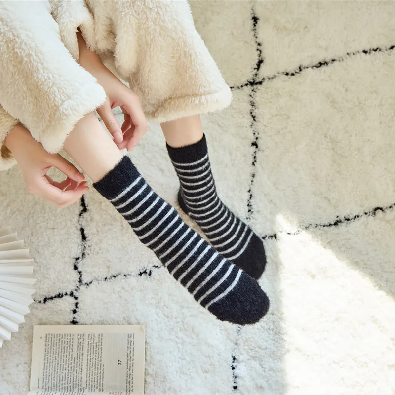 Winter Warm Thick Floor Sleep Socks Set Cute Cartoon Panda Socks for Women Kawai Thermal Fluffy Girl Middle Tube Socks