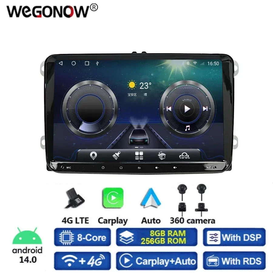 360 Camera Carplay 8G+256G Android 14.0 Car DVD Player GPS WIFI Bluetooth 5.0 RDS Radio For VW PASSAT CC Tiguan Skoda Leon Polo