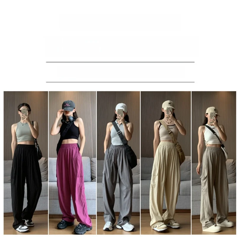 بنطلون عمل نسائي سريع الجفاف ورفيع، بنطلون صيفي واسع الساقين ذو قصة مستقيمة فضفاضة، بنطلون طويل غير رسمي بنمط جبلي.