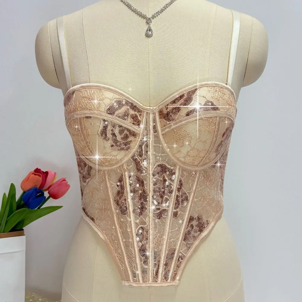 เสื้อสายเดี่ยวลูกไม้ปักเลื่อมทรงเข้ารูป แขนกุด สไตล์คอร์เซ็ท  สำหรับฤดูใบไม้ผลิและฤดูร้อน