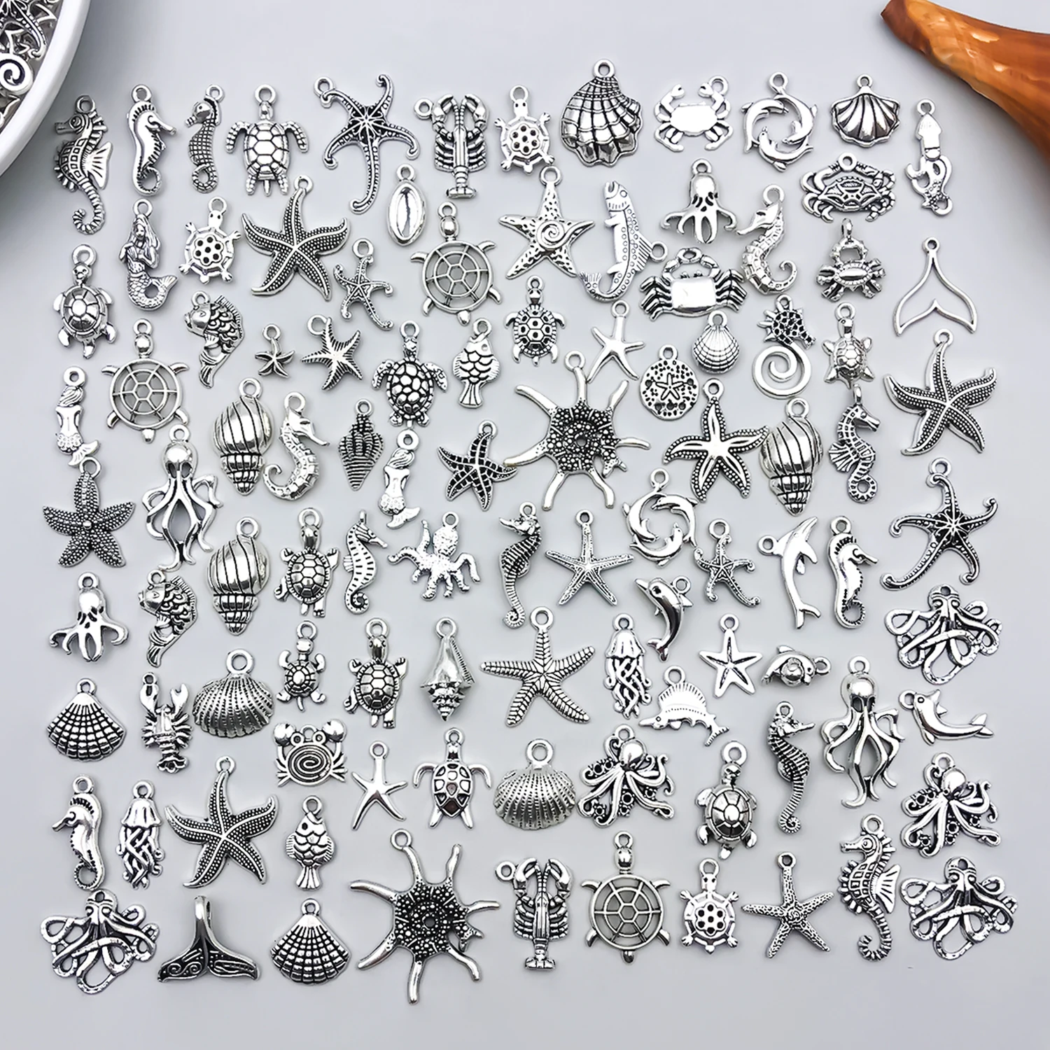 Random 20pcs/50pcs/100pcs Alloy Ancient Silvery Ocean Pendant Jewelry Making DIY Keychain Earrings Charms for Bracelets Necklace
