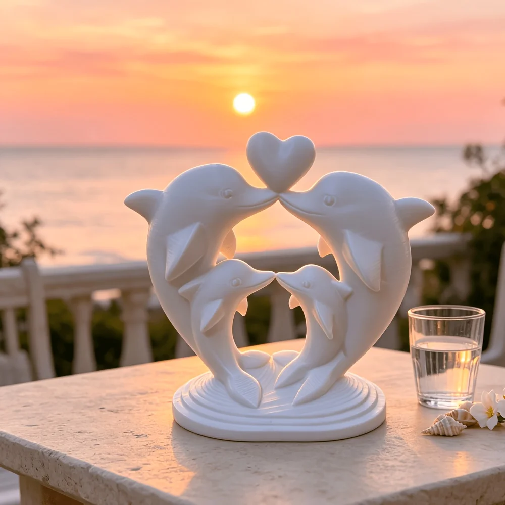 3D Printed Dolphin Family Figurine with Heart, Ocean Animal Statue, Coastal Home Decor Ornament, Gift for Dolphin Lovers