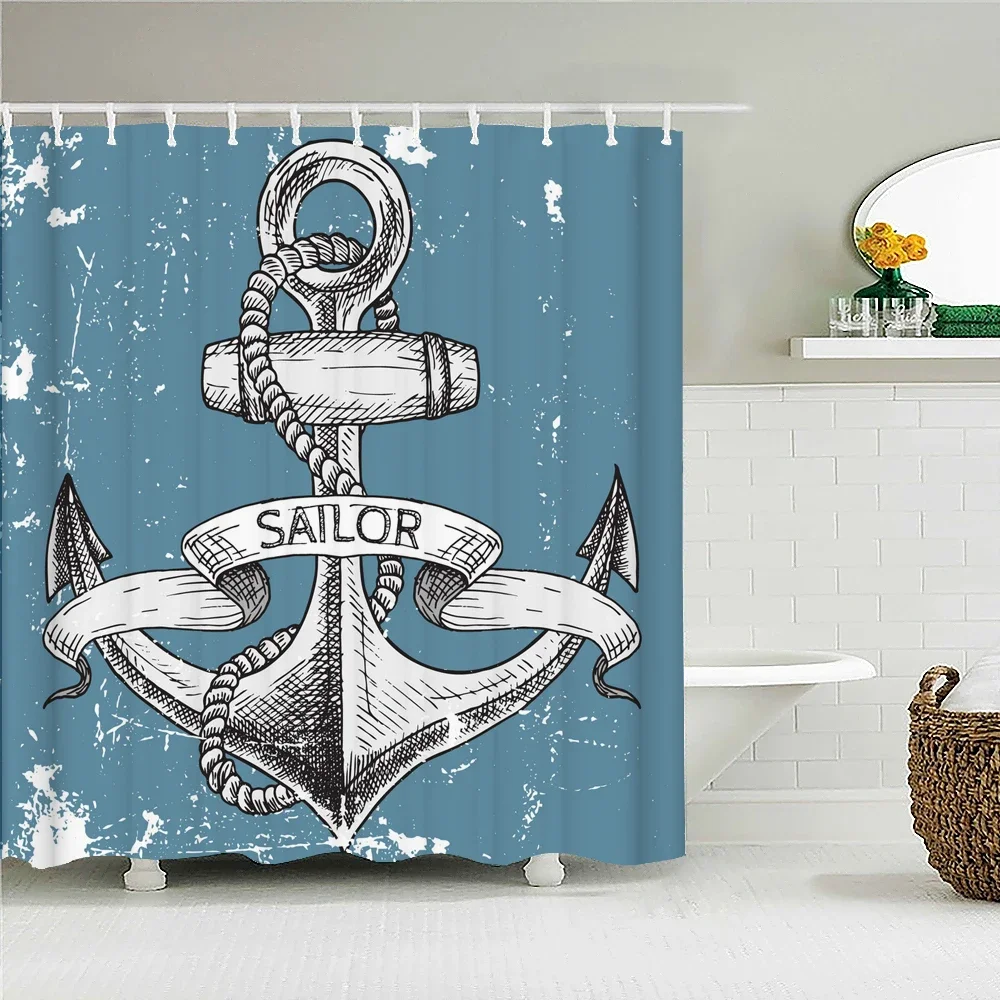 Ocean Sailing Anchor Shower Curtain Geometry Pattern Bathroom Curtains Waterproof Polyester Fabric Bathtub Screen with 12 Hooks