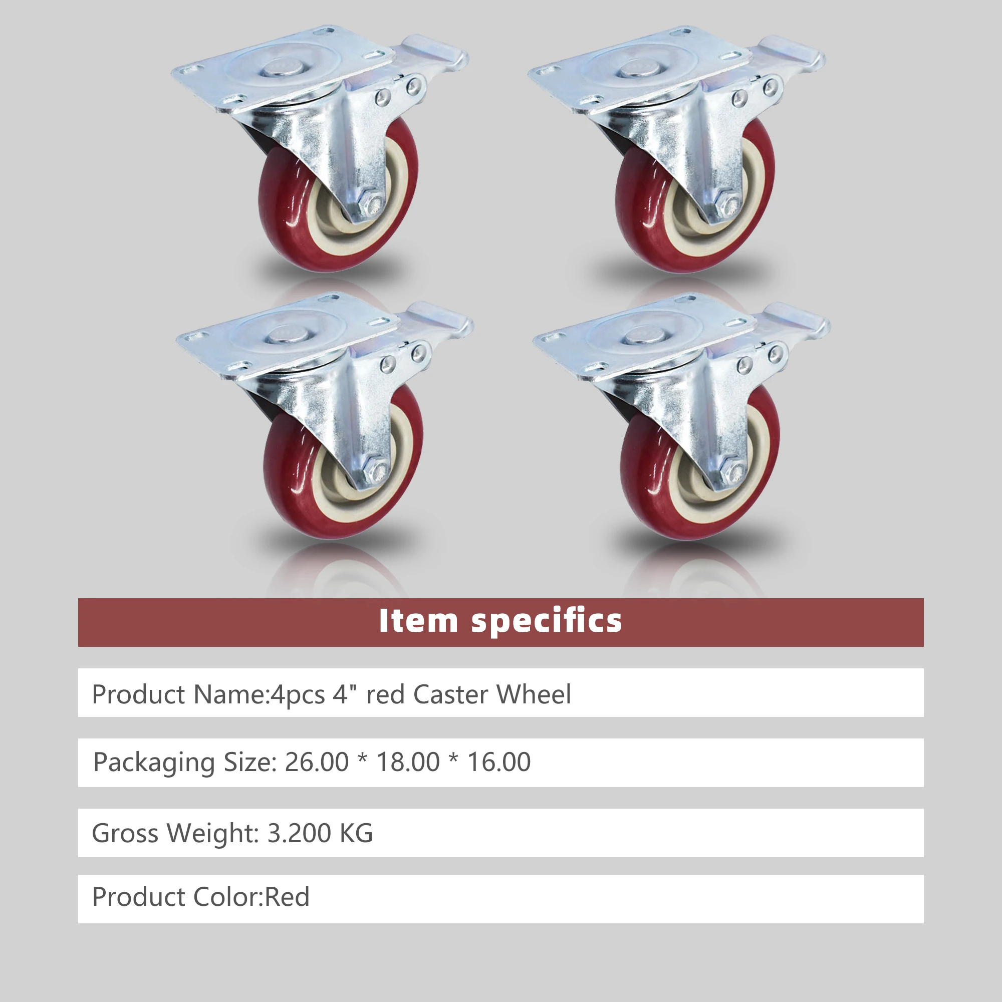 4インチ レッド キャスター ホイール 全方向回転キャスター ブレーキ付き 4個パック