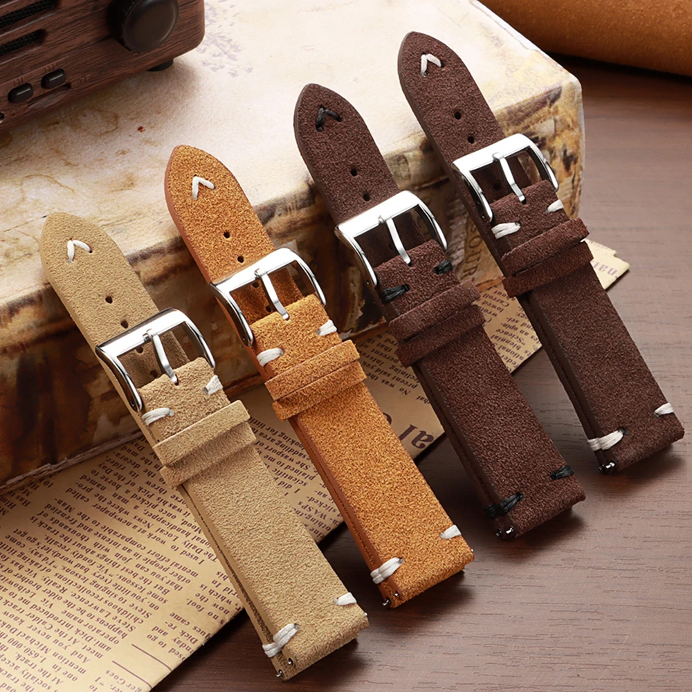 Suede Leather Watch Band 18mm 20mm 22mm Vintage Khaki Blue Strap Handmade Stitching Wristband Quick Release Universal Bracelet