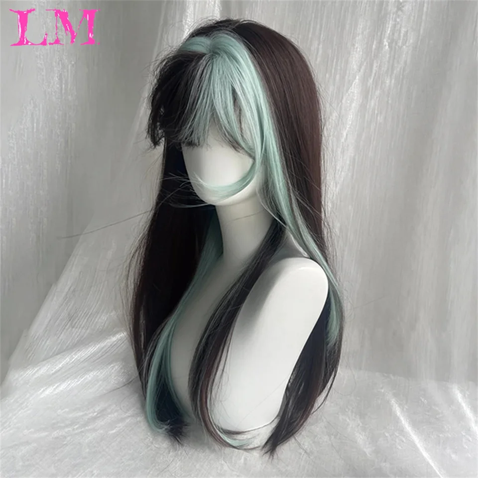 LM Black Synthetic Wig Hair Wig With Full Bangs Long Straight Wig Natural Soft Hair Heat Resistant Silk Headpiece For Women