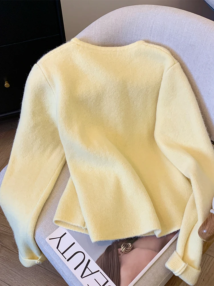 Women Yellow Cardigan O-Neck Sweater Harajuku Y2k Long Sleeves Knit Cashmere Luxury Sweaters Vintage 2000s Clothes Autumn 2024