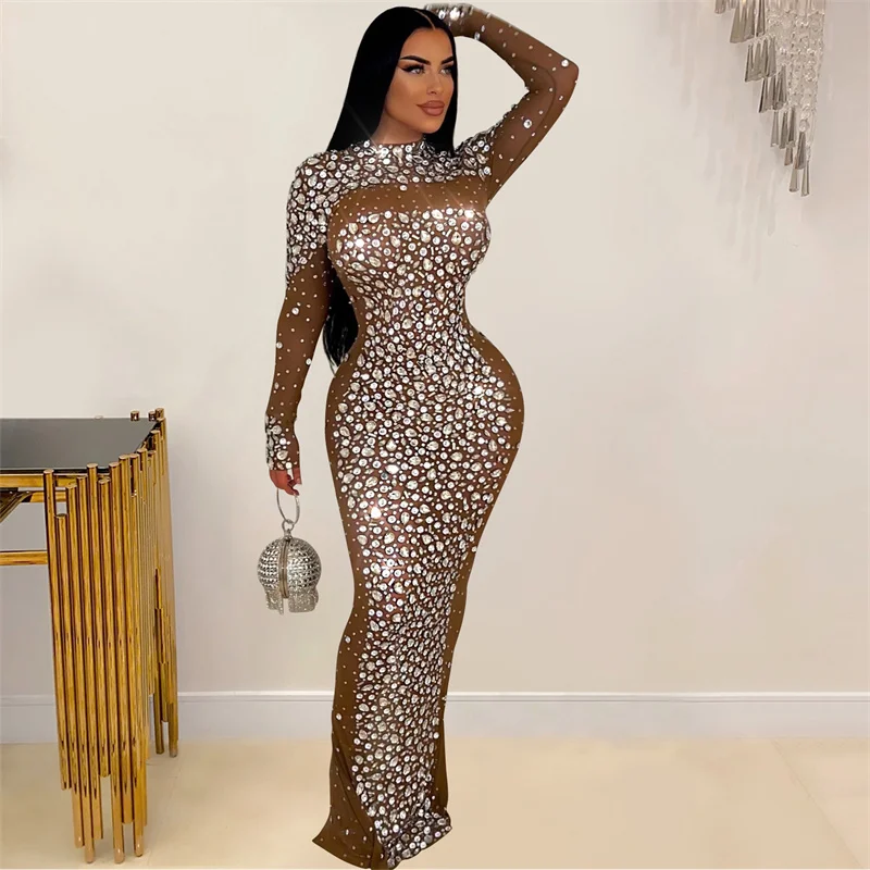 Nieuwe Dames Lange Mouw Ronde Hals Bodycon Pure Mesh Diamanten Lange Sexy Feestjurken Grote Strass Nacht Club Elegante Avondjurk