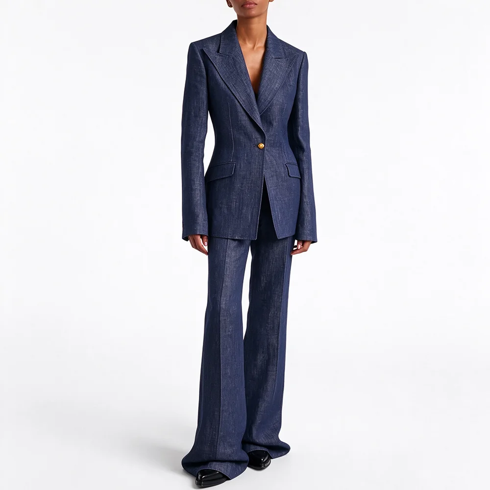 Navy Blue Denim Women Suit Smart Casual Notch Lapel One Button 2 Piece Blazer Pants High Quality Office Lady Modern Chic Outfit