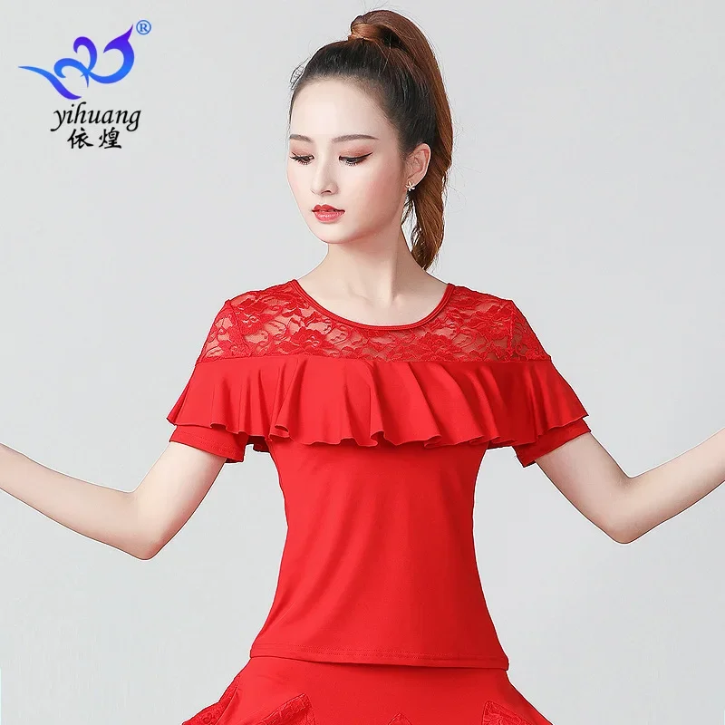 New short-sleeved dance clothes, ballroom dance Latin dance practice, ballroom  performance clothes, lace tops.