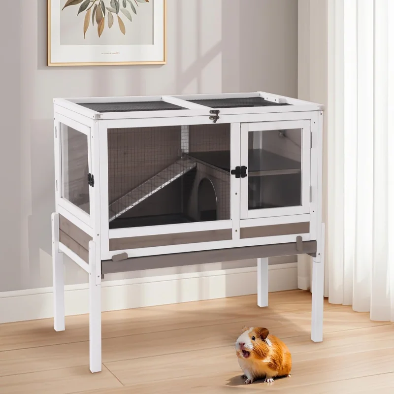 

Aivituvin 2-Story Rabbit Hutch with Anti-Chew Ramp & Zinc Sheet - 36.6" Indoor Guinea Pig Cage, Wooden Stand, Pull-Out Tray