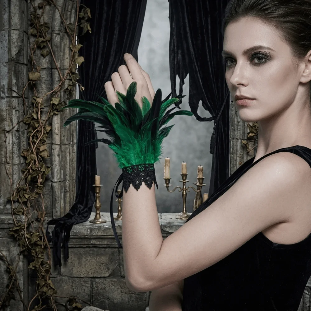 Fashion Black Fluffy Feather Wrist Cuffs Adjustable Lace Halloween Arm Cuff Gloves Punk Lightweight Plume Bracelet Cosplay