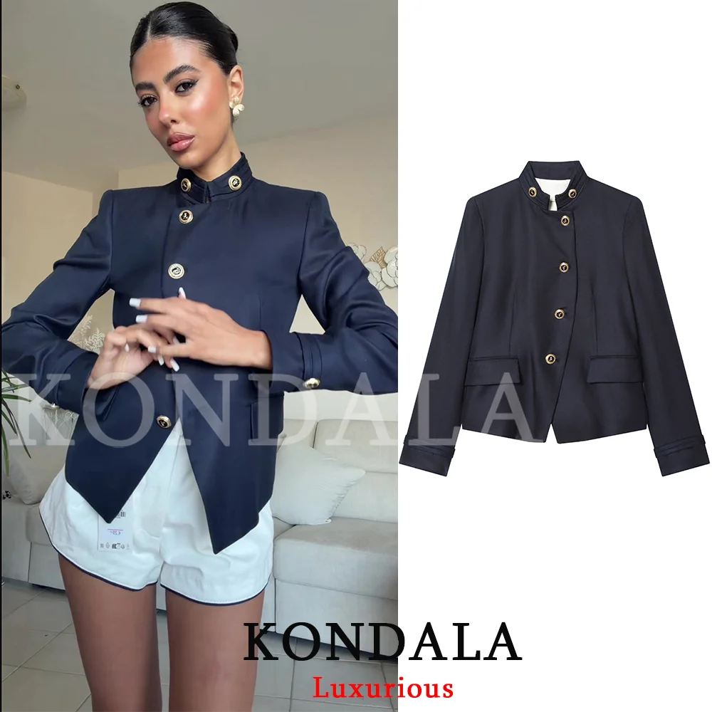 KONDALA Elegant Casual Chic Women Blazer NavyBlue Buttons Stand Collar Slim Blazer Fashion 2026 Spring Summer Office Lady Blazer