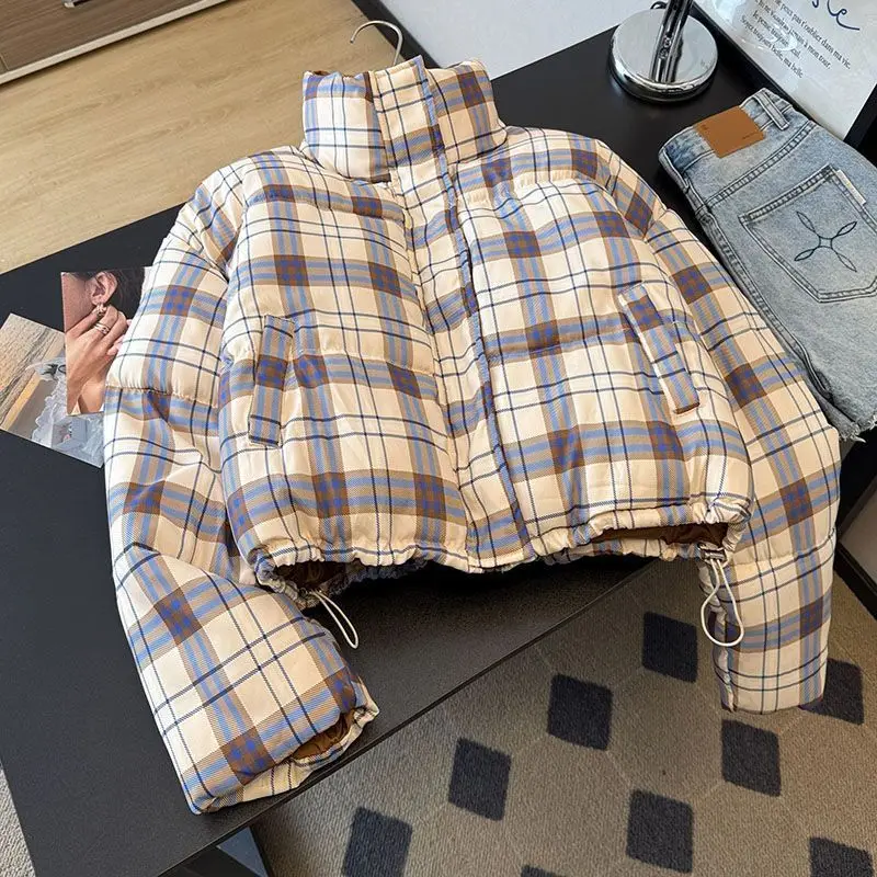 Women's 2026 Autumn Winter Slouchy Color Block Plaid Stand Collar Quilted Puffer Jacket Cropped Warm Chic Coquette Trendy