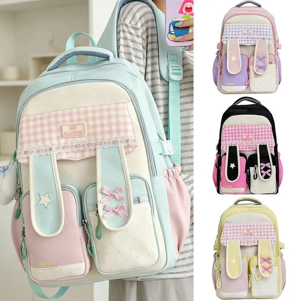 New Lace Detail Bunny Ear Backpack Large Capacity Lightweight Student Backpack Sweet Style Bunny Ear School Bag Student Use