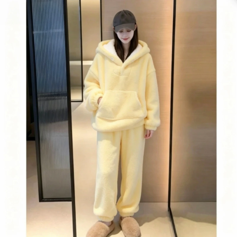 Women Fleece Pajama Set Coral Fleece Thermal Fluffy Soft Hooded Tops+ Pants 2 Piece Yellow Loose Comfort Home Casual Pajamas