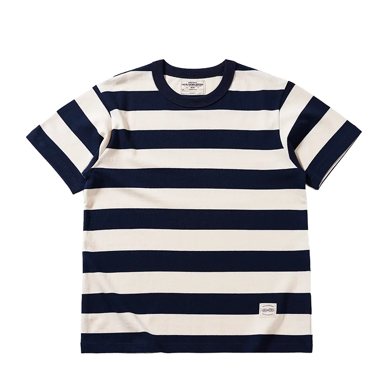 Summer New American Retro Heavyweight Stripe Short-sleeved T-shirt Men\'s Fashion Simple 100% Cotton Washed Casual Sport Tops