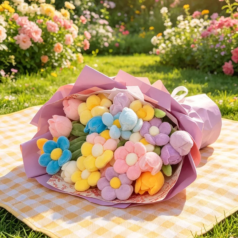 Cartoon Tulip Sunflower Plush Toy Bouquet, Colorful Cute Soft Fluffy Simulation DIY Flower For Girlfriend Christmas Gift
