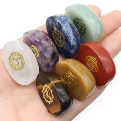 Set of 7 Pieces Natural Stones  Pendulum Reiki Healing Stones Engraved  Seven Chakra Symbols Reiki Healing Gems