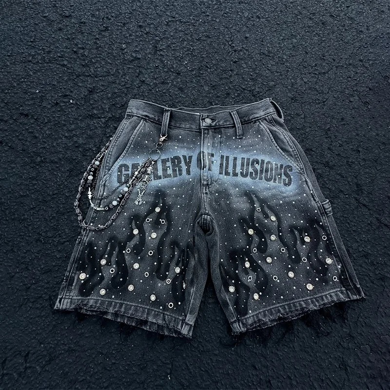 

Y2K Fashion Distressed Jeans Retro Rhinestone Flame Pattern Printing Casual Washed Denim Shorts Men Women High Waist Streetwear