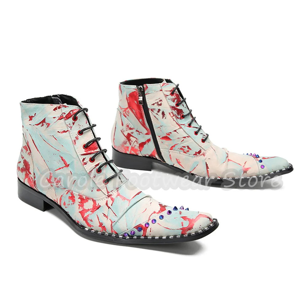 Designer Graffiti Print Leather Ankle Boots for Men Punk Metal Square Toe Rivet Edge Lace Up Boots Male Party Club Dress Shoes