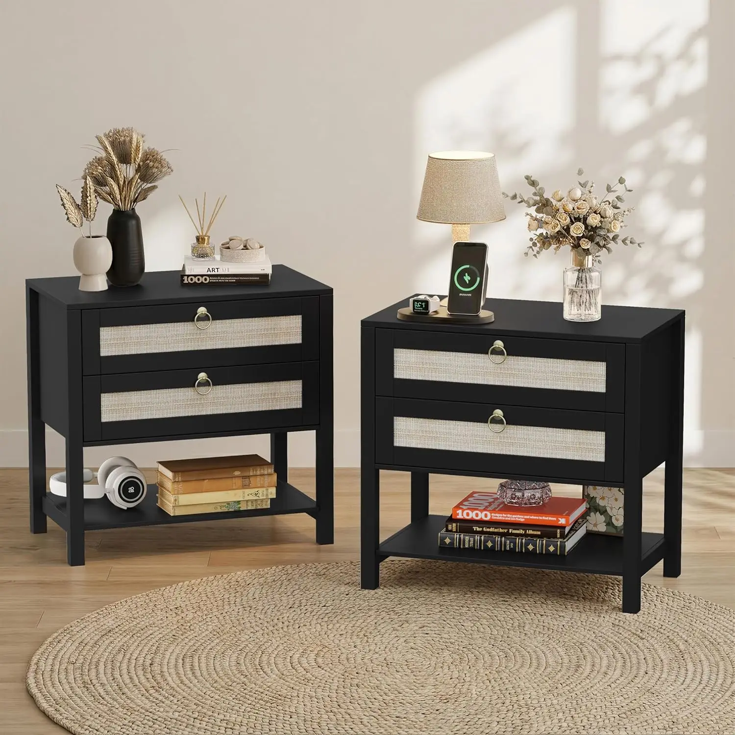 Nightstand Set of 2, Wide Night Stand Bedside Table, Rattan Boho Decor Drawer & Open Shelf, Wooden End Table for, Customized