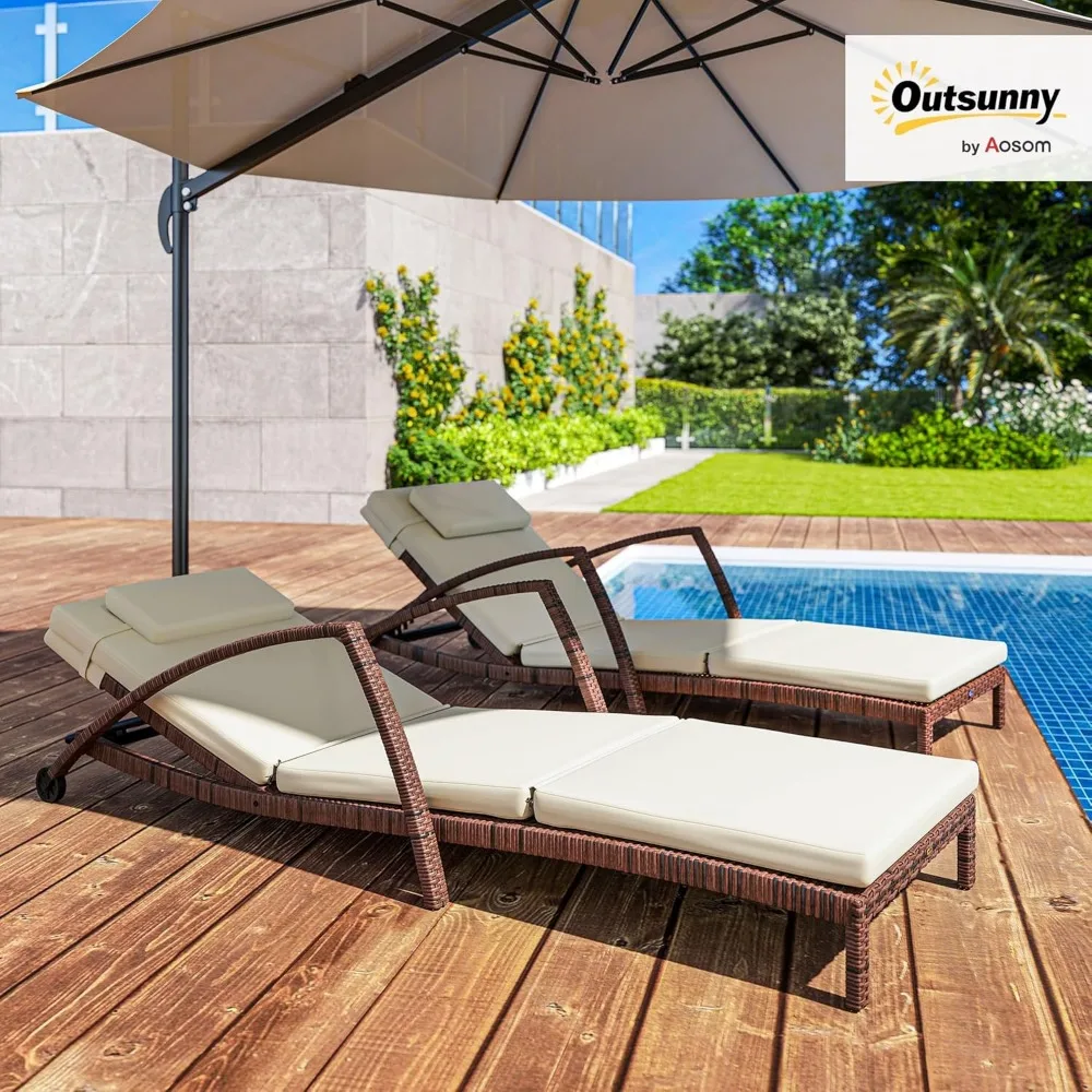 Espreguiçadeira de vime para exterior, conjunto de 2, espreguiçadeiras reclináveis ajustáveis de 5 posições para piscina com rodas, rattan ao ar livre Lou