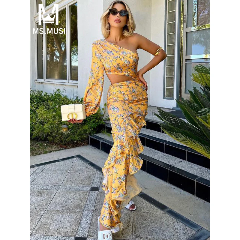 MSMUSI 2024 New Fashion Women Sexy One Shoulder Hollow Out Floral Printing Long Sleeve Bodycon Falbala Satin Maxi Dress Gown