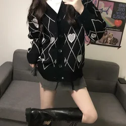 VIP Women Argyle Knitted Cardigan Heart Pattern Jacquard Sweater Long Sleeve Love Style CoatFall Winter Vintage Korean Knit Tops