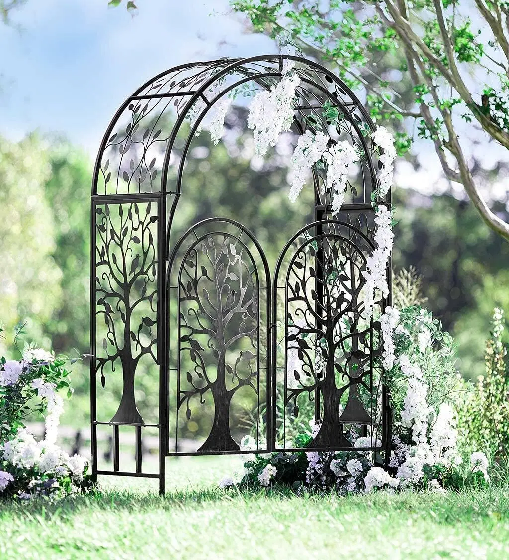 Metal Tree of Life Arched Garden Arbor w/Gate  Laser-Cut Design  Plant Support  Landscape Focal Point  Steel