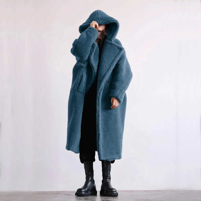 

Long Teddy Bear Coat Women Winter Parkas Warm Oversized Jacket Hooded Chunky Outerwear Overcoat Female Faux Lambswool Fur Coats
