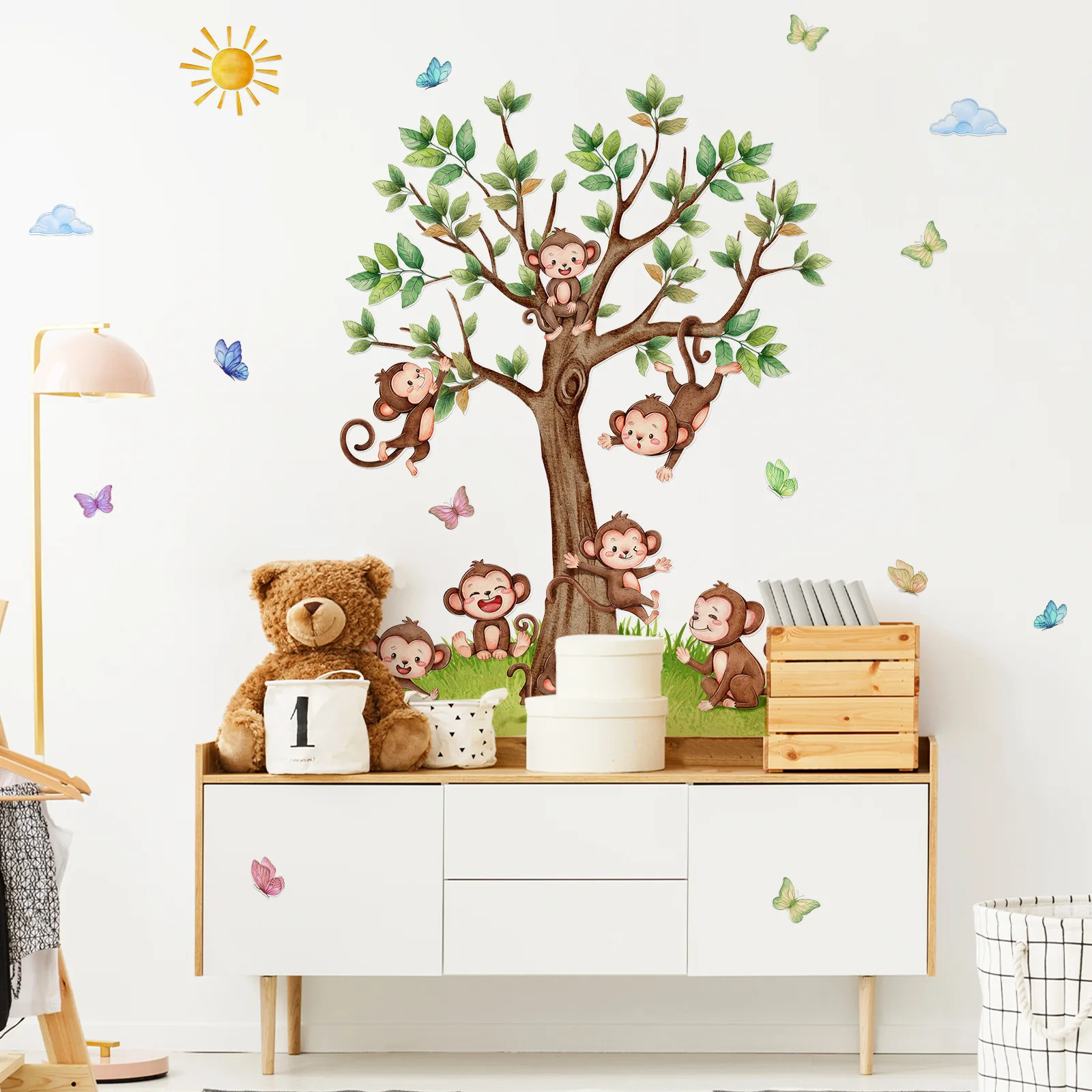 

7 Playful Monkeys Wall Decals - Cartoon Tree, Birds & Sun Stickers for Kids' Room & Nurser