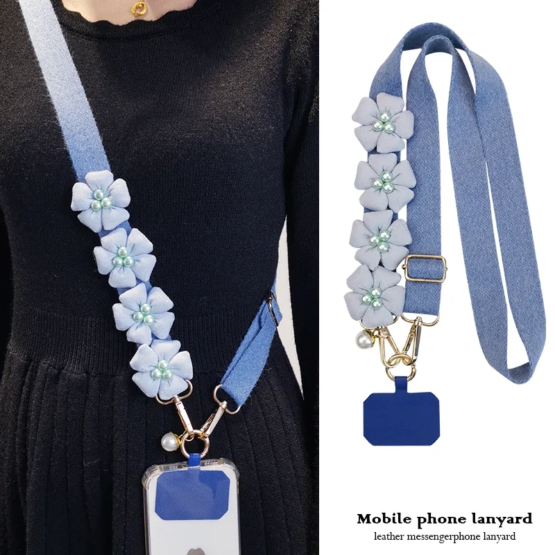 Mobile Phone Lanyard Adjustable Crossbody Pearl Flower Plush Patterned Shell Universal Detachable Anti Drop Plush Not Tight Neck