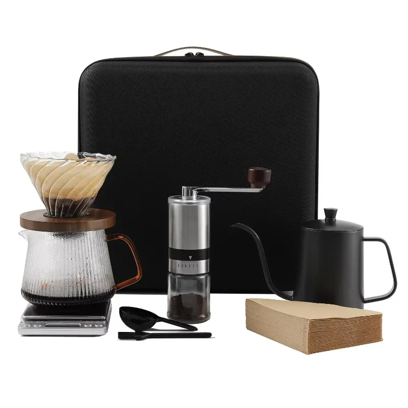 

Stocked portable camping coffee grinder maker filter pot drip pour over kit tea sets with premium travel gift bag box