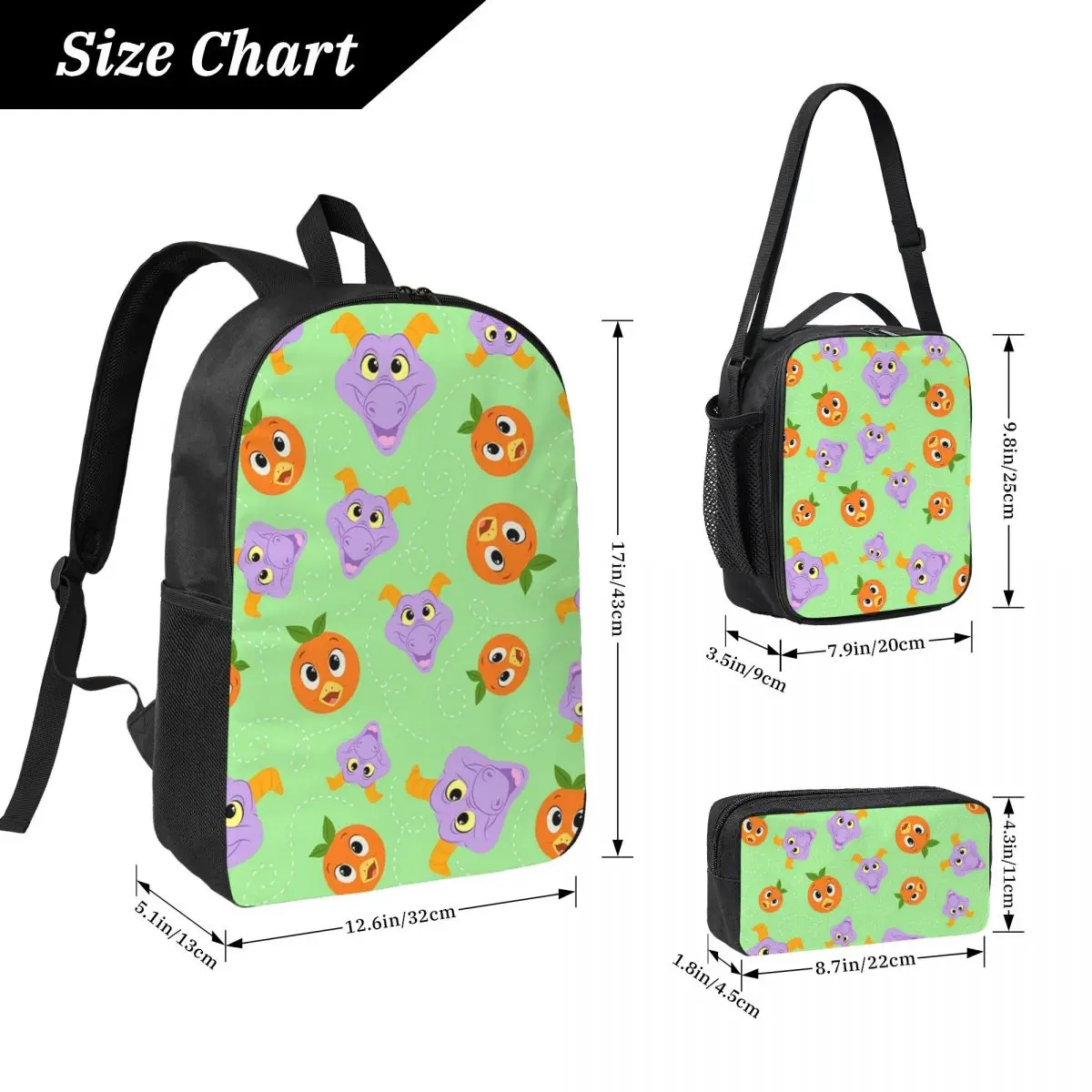 Festival Fresh - Figment And Orange Bird Backpack Boy Girl BookBag School Bag Shoulder Bags 3ps Insulated Lunch Bag Pencil Case
