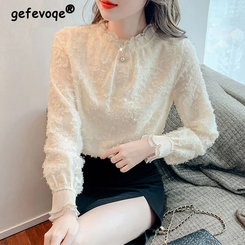 Spring Autumn Temperament Stand Collar Long Sleeve Lace Shirt Femme Elegant Fashion Pullover Top Women Korean Style White Blouse