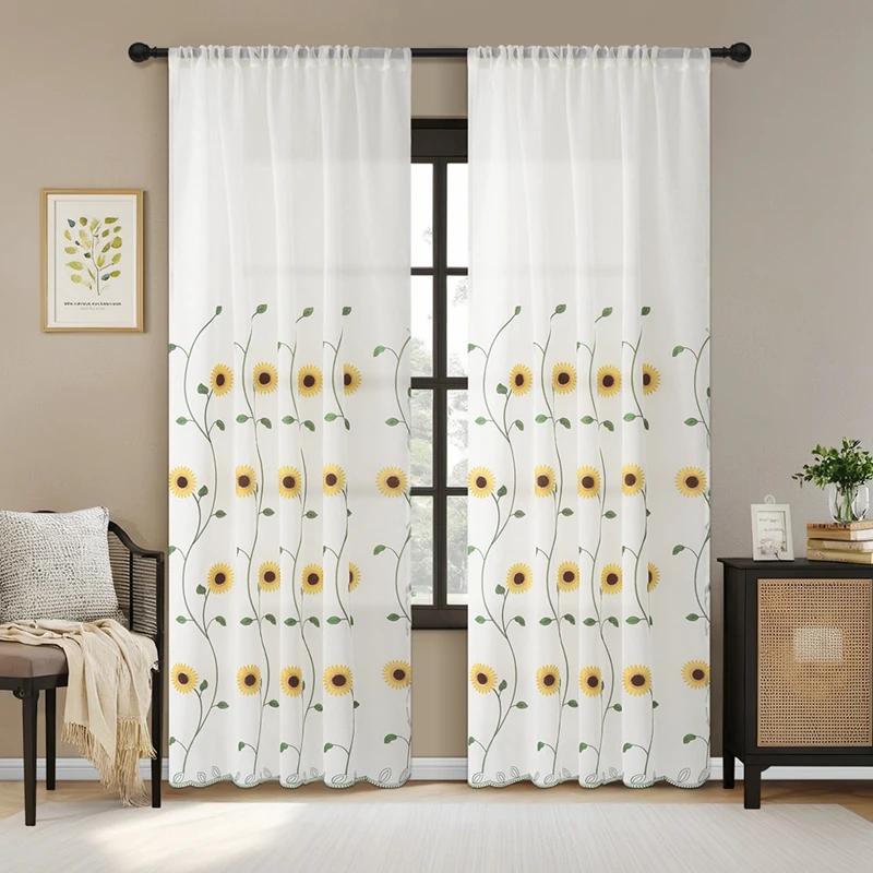 1/2pcs Window Panel Curtains Rod Pocket Sunflower Pattern Gauze Sheer Drapes Lightweight Breathable Panel 4 Sizes for Home Decor