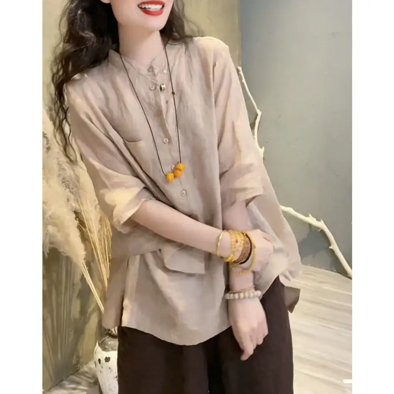 레트로 헴프 셔츠 여성 비대칭 린넨 탑 얇은 루즈핏 일반 소매 길이 순색 출퇴근 스타일 여름 셔츠