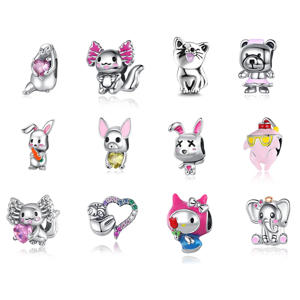 925 Silver Powder Charm Cute and Cute Pink Animal Cat Rabbit Baby Bear Tree Sloth Elephant Series DIY Fashion Charm Beads