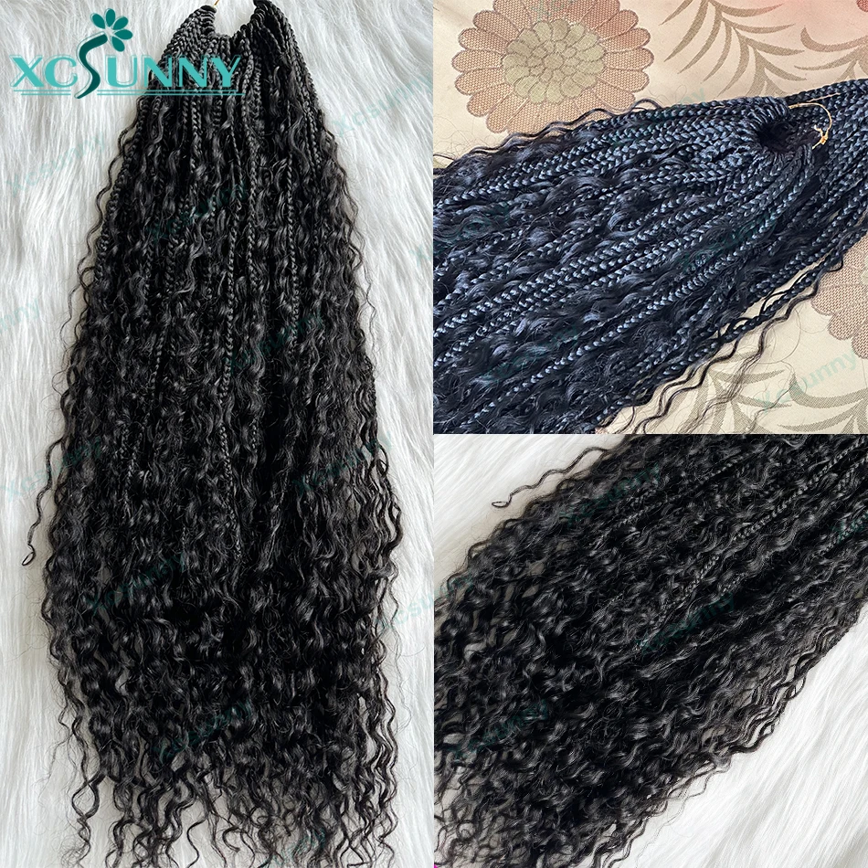 Crochet Boho Box Braids With Human Hair Curls Synthetic Braiding Hair 30 inch Pre-looped Box Braids with Curly Ends