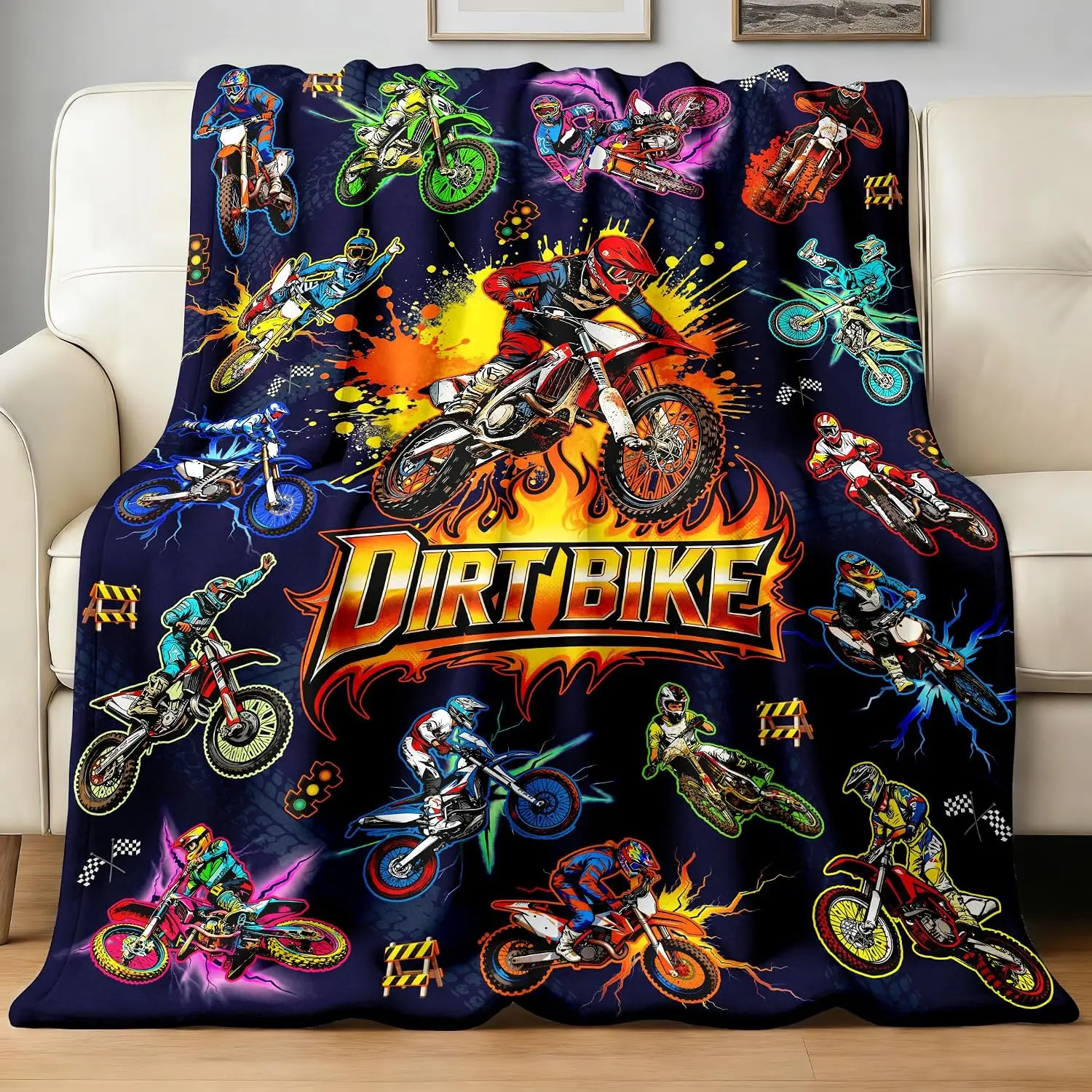 Dark Background Graffiti Dirt Bike Motocross Rider Splash Fire Print Soft Flannel Blanket for Sofa Bedroom Cool Teen Boys Sports