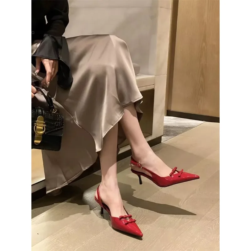 

Sexy Patent Leather Pointed Toe Sandals Women Pumps Bow Leopard Slingback Shoes Female Dress Shallow Designer Brand High Heels