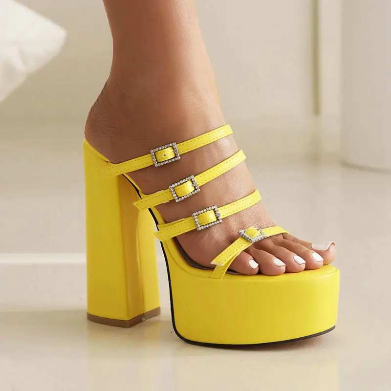 sandalias de tacón alto con punta abierta para mujer, cinturón con múltiples hebillas, Color amarillo y rosa, talla grande 44 45 46, zapatos