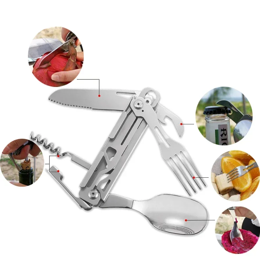 

1Pc Multifunctional Cutlery Set Portable Folding Camping Tableware Stainless Steel Knife Fork Spoon Can Opener Outdoor Equipment