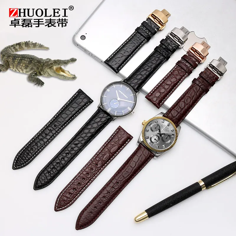 جلد التمساح حزام (Watch) ساعة للرجال ، سوار جلد طبيعي ، مشبك من الفولاذ المقاوم للصدأ ، عالية الجودة ، 18 مللي متر ، 19 مللي متر ، 20 مللي متر ، 22 مللي متر ، 23 مللي متر