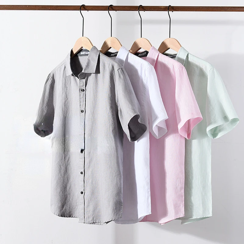 

Casual Pure Linen Men's Short Sleeve Shirt Summer Solid Youth Square Collar Slim Shirt Simple Thin Breathable Sweatwicking Top