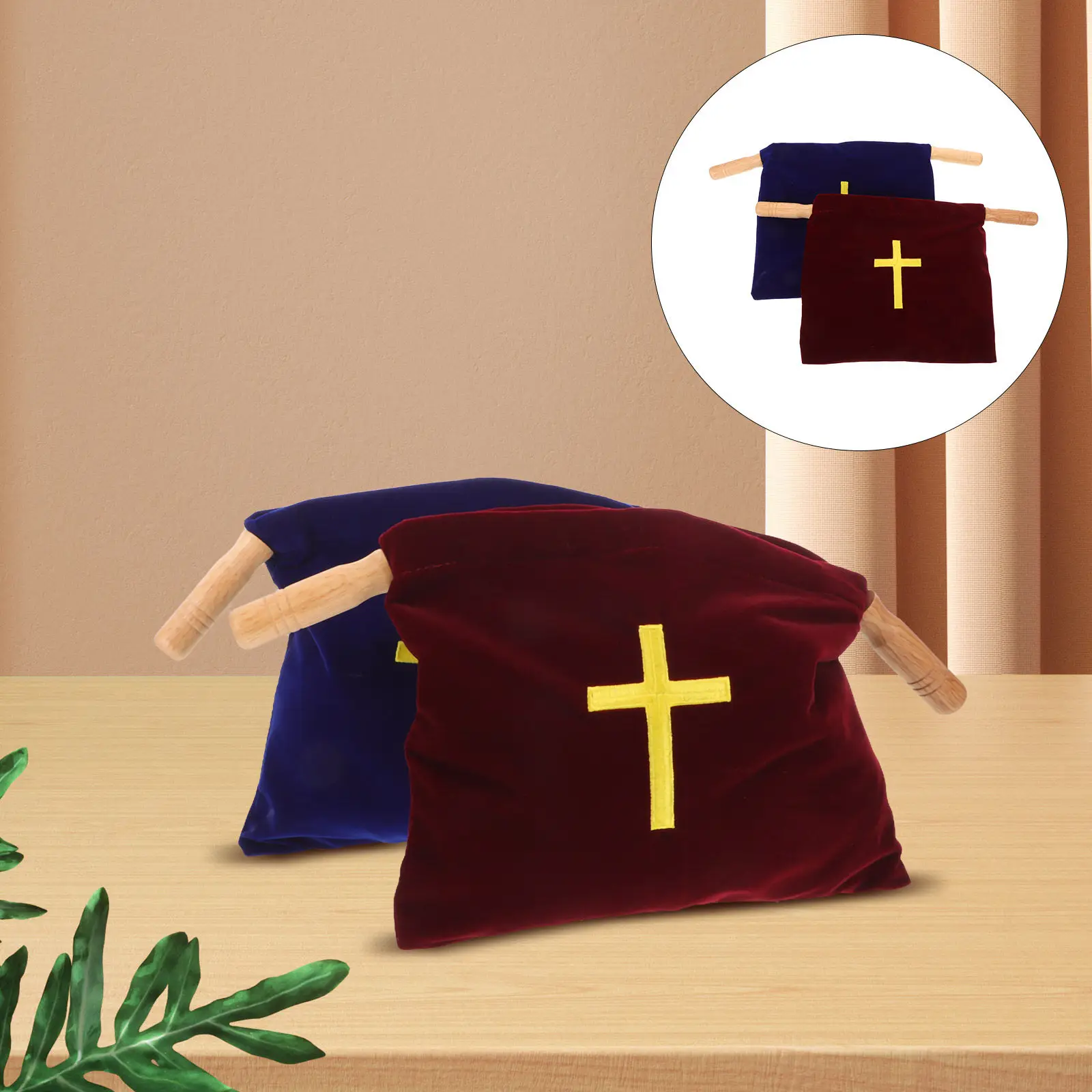 2Pcs Church Offering Bags with Wooden Handles Elegant Cross Embroidery for Communion First Holy Sacrament Worship Service