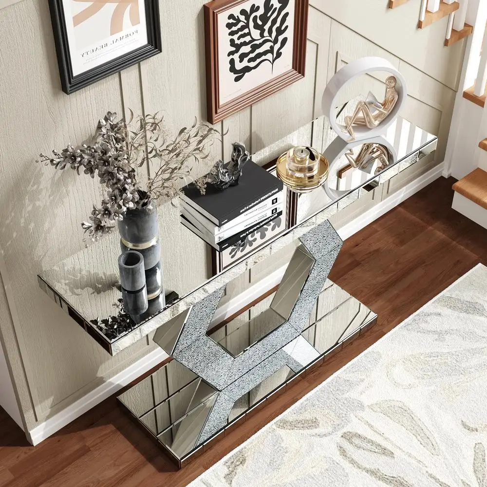 Mesa de console com espelho hexagonal de cristal com camada dupla de 55 polegadas moderna entrada de hall lux diamante vidro espelhado