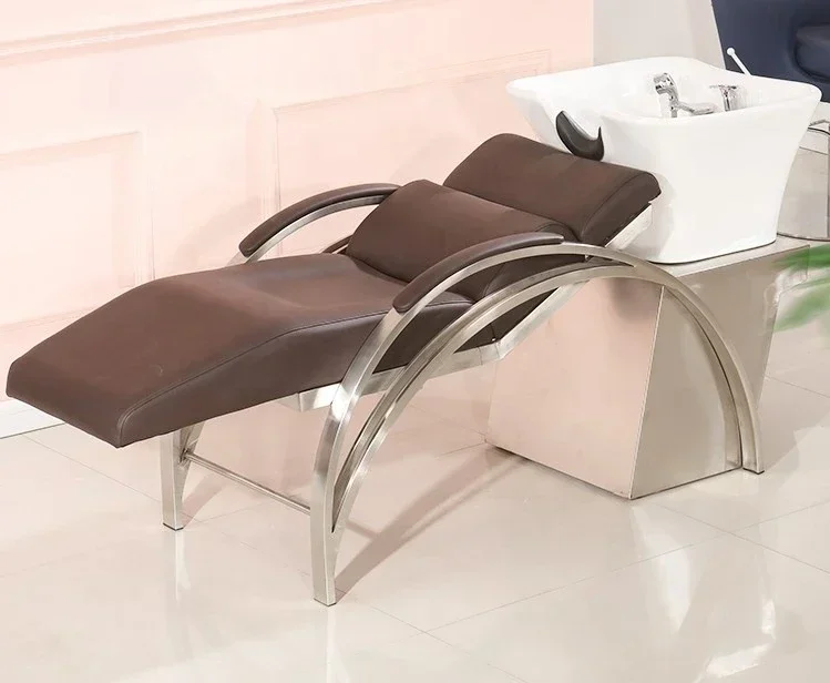 Modern minimalist brown hair salon wash chairs, metal spa head spa beds