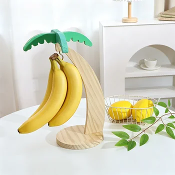 Wooden Banana Rack Hanging Kitchen Rack Simulated Leaf Decorative Fruit Vertical Storage Rack with Hook Kitchen Decoration